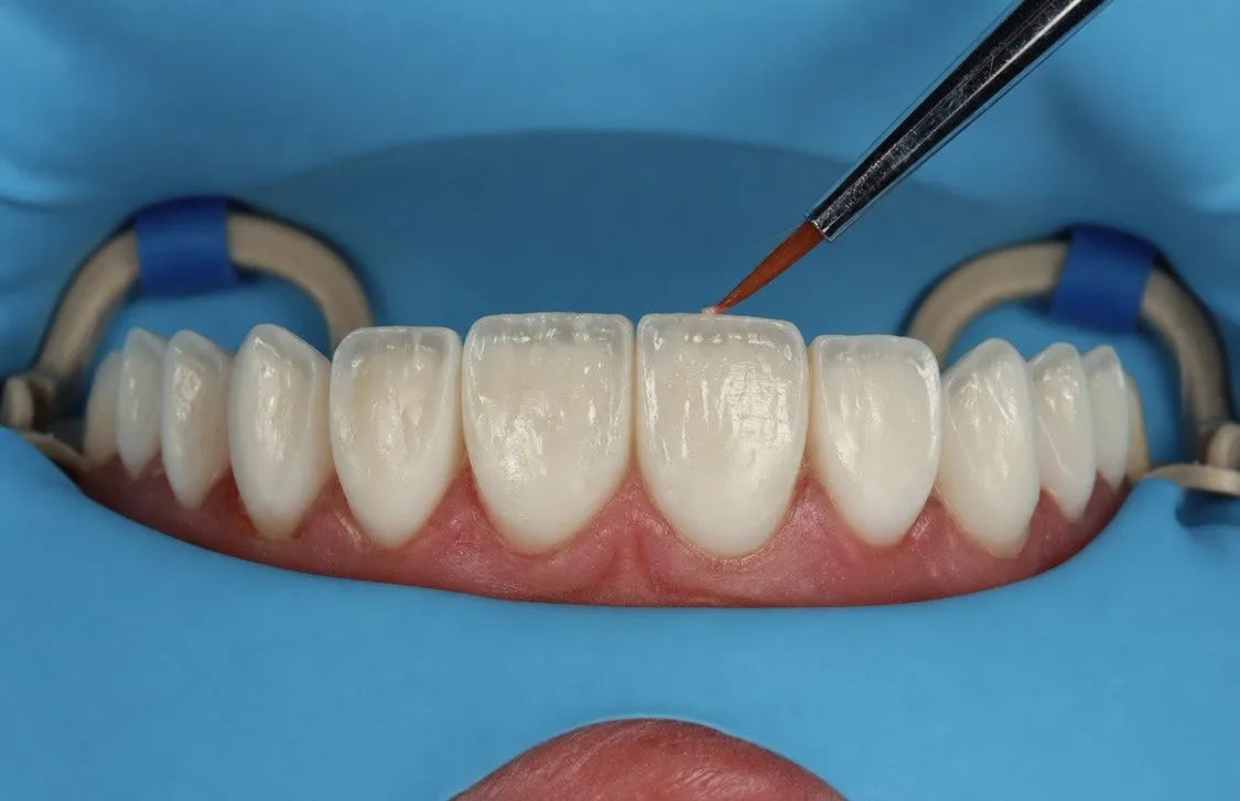 A fine brush shaping a layer of composite on an upper front tooth, with the teeth isolated and dry