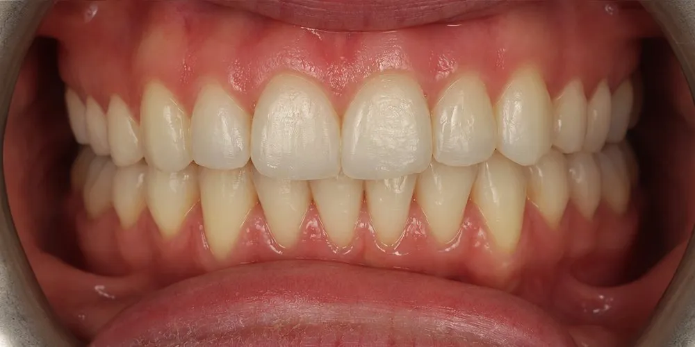 After: severely misaligned teeth and a prominent upper canine aligned with Invisalign