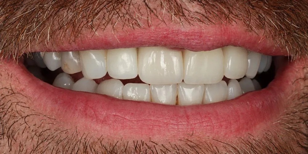 After: four veneers replacing old work and masking discoloured teeth